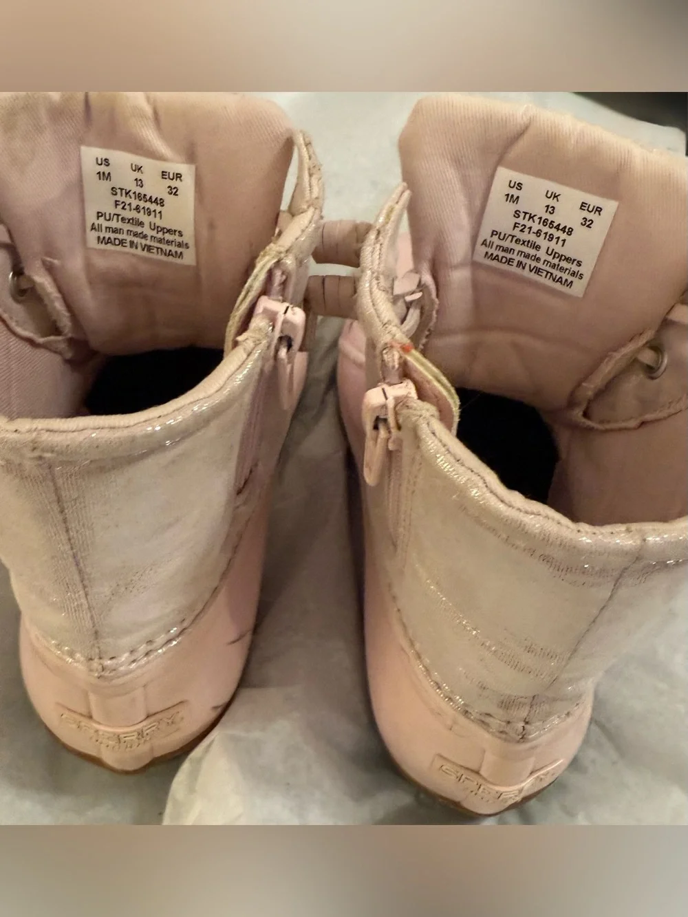 Sperry Saltwater Duck Boots pink rubber duck shell, shimmer metallic blush upper